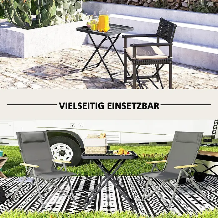 Outsunny Garten-Beistelltisch - Stahl, Klappbar, Quadratisch, Schwarz - Dunkelgrauer klappbarer Outdoor-Tisch und Stühle, vielseitig in Außenbereichen eingesetzt.