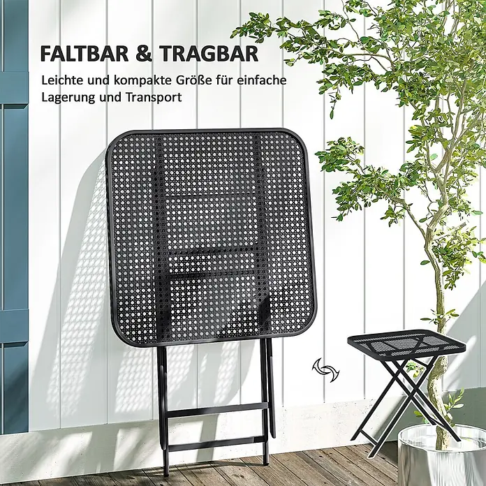 Outsunny Garten-Beistelltisch - Stahl, Klappbar, Quadratisch, Schwarz - Zwei schwarze Metall-Klapptische mit Gitterplatten, einer zusammengeklappt, der andere ausgeklappt, zeigen Tragbarkeit und kompakte Lagerung.