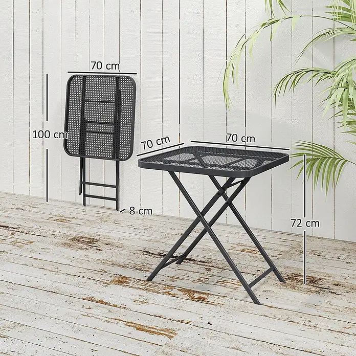 Outsunny Garten-Beistelltisch - Stahl, Klappbar, Quadratisch, Schwarz - Schwarzer Klapptisch aus Metall, zusammengeklappt (100x70x8 cm) und ausgeklappt (70x70x72 cm) auf einer Terrasse.