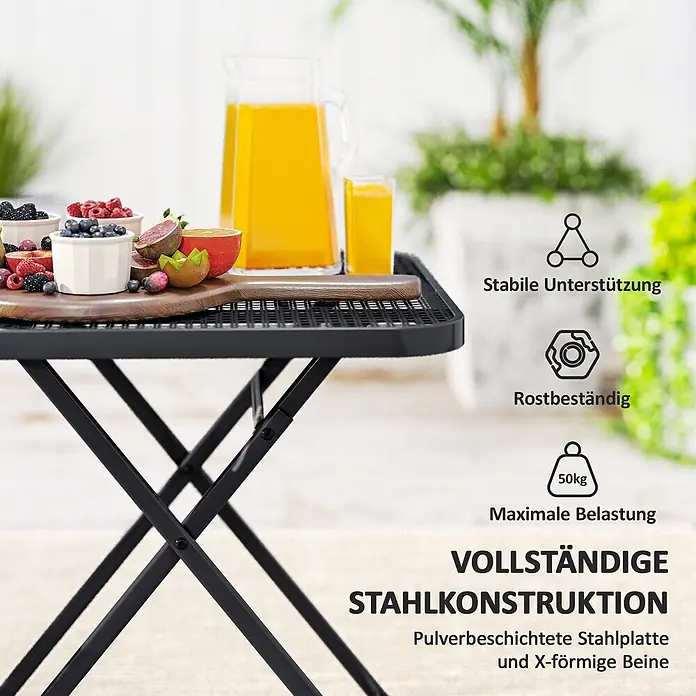 Outsunny Garten-Beistelltisch - Stahl, Klappbar, Quadratisch, Schwarz - Schwarzer pulverbeschichteter Stahl-Klapptisch mit X-Beinen, hält Obst und Saft im Freien. Max. 50kg, rostbeständig.