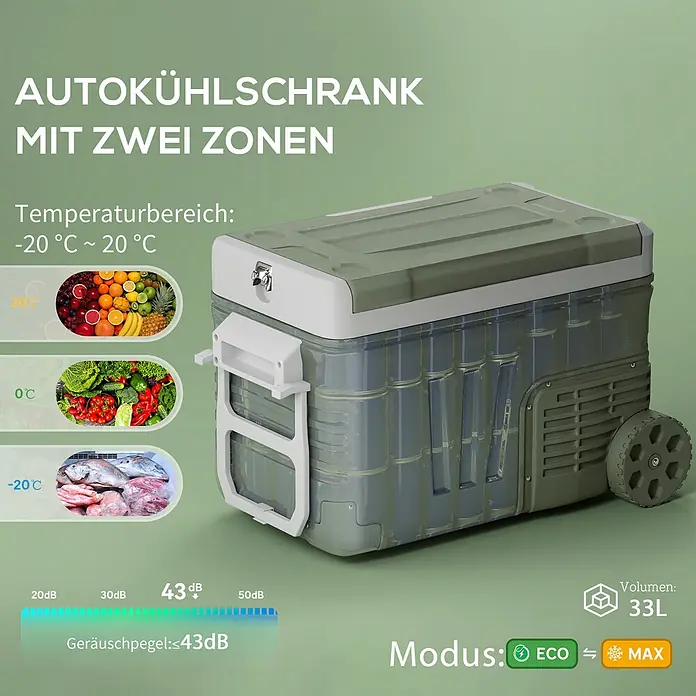 Outsunny Garten-Aufbewahrungsbox - L x B x H: 64,5 x 43,5 x 43,5 cm - Tragbare Auto-Kühlbox mit zwei Zonen in Olivgrün und transparentem Design, mit Rollen und Griff.