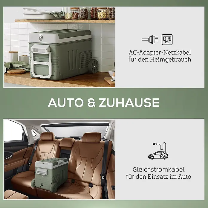 Outsunny Garten-Aufbewahrungsbox - L x B x H: 64,5 x 43,5 x 43,5 cm - Grüner und weißer tragbarer Kühlschrank im Einsatz in Küche und Auto, mit AC- und DC-Stromoptionen.