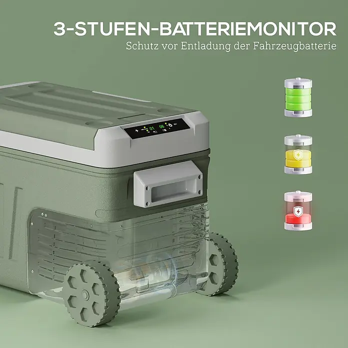 Outsunny Garten-Aufbewahrungsbox - L x B x H: 64,5 x 43,5 x 43,5 cm - Olivgrüne Kühlbox mit grauen Akzenten und Rädern, digitalem Display und 3-Stufen-Batteriewächter zum Schutz der Autobatterie.