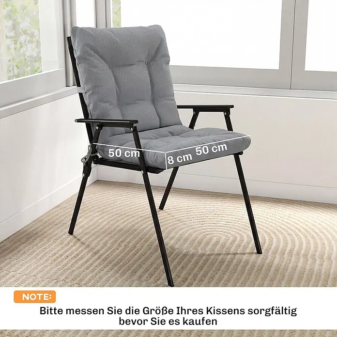 Outsunny Sitzauflage Niederlehner - Niederlehner, 2 Stk., L x B x H: 120 x 50 x 8 cm, PP-Baumwolle, Polyester, Hellgrau - Grauer gepolsterter Klappstuhl mit schwarzem Gestell. Kissengröße von 50x50x8 cm ist eingezeichnet.