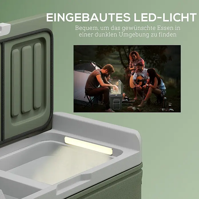 Outsunny Garten-Aufbewahrungsbox - L x B x H: 64,5 x 43,5 x 43,5 cm - Grün-graue Kühlbox mit integrierter LED-Beleuchtung des Innenraums. Ideal für dunkle Umgebungen wie beim Camping.