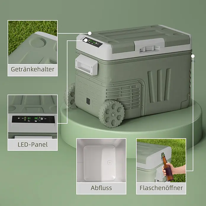 Outsunny Garten-Aufbewahrungsbox - L x B x H: 64,5 x 43,5 x 43,5 cm - Tragbare olivgrüne und weiße Kühlbox mit Rollen, LED-Panel, Getränkehaltern, integriertem Flaschenöffner und Ablassstopfen.