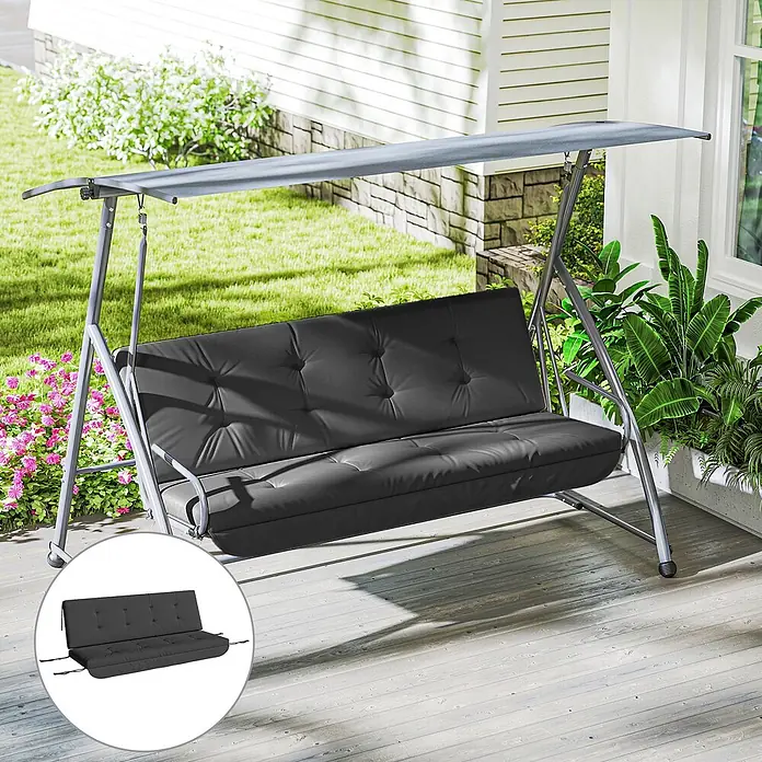 Outsunny Sitzauflage Hollywoodschaukel - Hollywoodschaukel, 1 Stk., L x B x H: 170 x 100 x 8 cm, Polyester, Schaumstoff, Dunkelgrau - Dunkelgraue Hollywoodschaukel mit Dach und getufteten Kissen auf Holzterrasse; Einblendung zeigt Kissen.