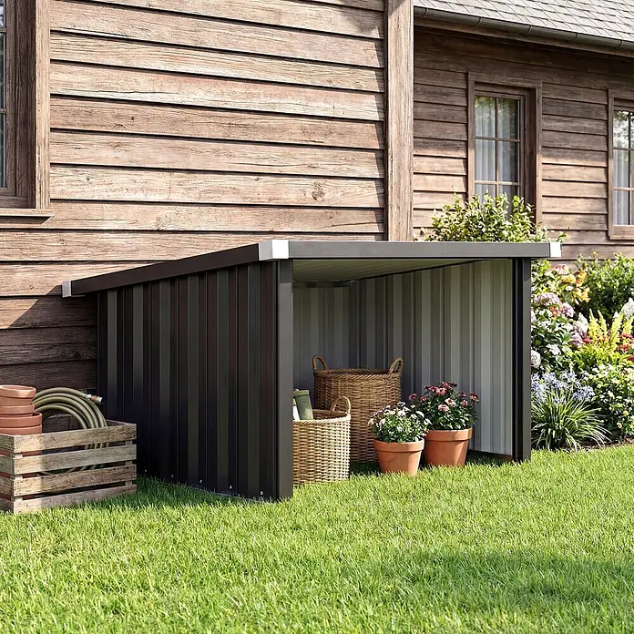 Outsunny Mähroboter-Garage - Dunkelgrau, Rasenmähroboter - Dunkelgraues Metall-Gartenhaus vor einem Holzhaus, mit Gartenwerkzeugen und Töpfen, umgeben von Gras und Pflanzen.