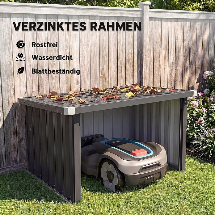 Outsunny Mähroboter-Garage - Dunkelgrau, Rasenmähroboter - Dunkelgraue verzinkte Roboter-Rasenmähergarage im Garten, schützt Mäher vor Wetter und Blättern.