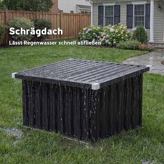 Outsunny Mähroboter-Garage - Dunkelgrau, Rasenmähroboter - Schwarze, rechteckige Gartenstruktur mit geneigtem, geripptem Dach, die Regenwasser schnell ableitet.