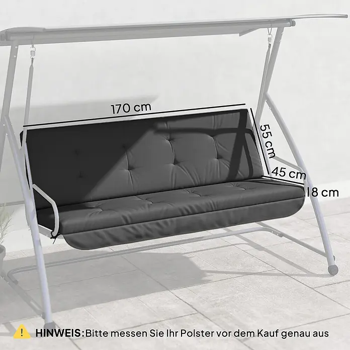 Outsunny Sitzauflage Hollywoodschaukel - Hollywoodschaukel, 1 Stk., L x B x H: 170 x 100 x 8 cm, Polyester, Schaumstoff, Dunkelgrau - Dunkelgraues Schaukelstuhl-Polster mit Maßen: 170 cm breit, 55 cm Rückenlehne, 45 cm Sitztiefe, 18 cm dick.