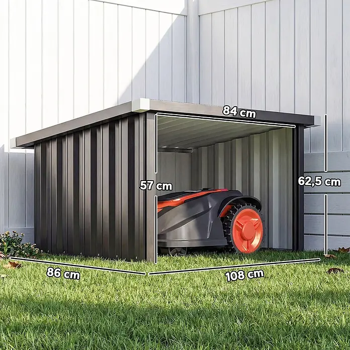 Outsunny Mähroboter-Garage - Dunkelgrau, Rasenmähroboter - Dunkelgraue Metall-Mährobotergarage mit Maßen, die einen Mäher beherbergt und schützt.