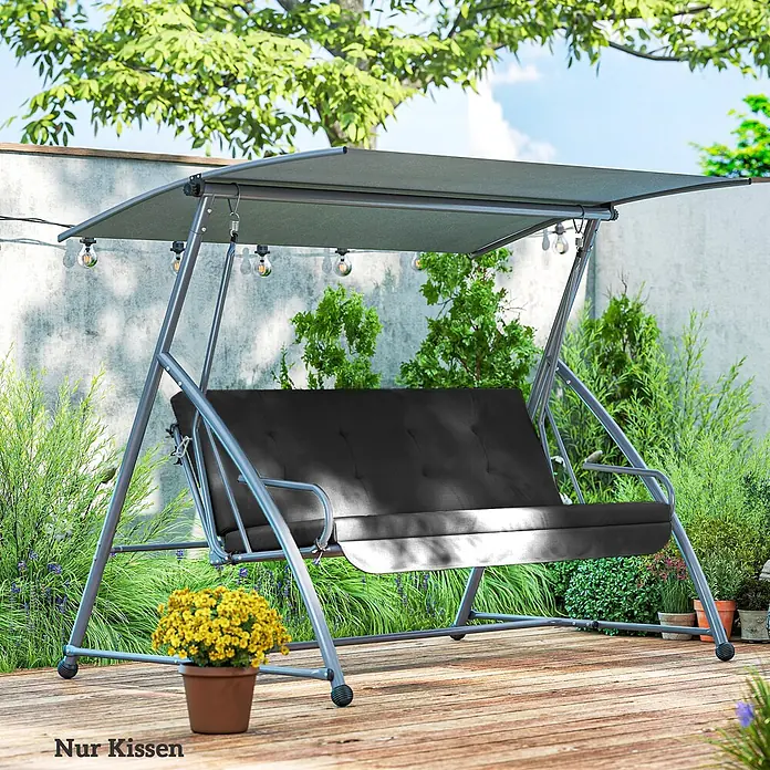 Outsunny Sitzauflage Hollywoodschaukel - Hollywoodschaukel, 1 Stk., L x B x H: 170 x 100 x 8 cm, Polyester, Schaumstoff, Dunkelgrau - Graue Metall-Gartenschaukel mit schwarzen Kissen und Dach auf einer Terrasse.