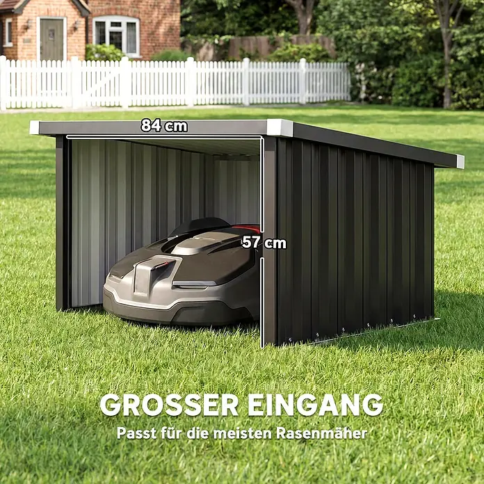 Outsunny Mähroboter-Garage - Dunkelgrau, Rasenmähroboter - Schwarze Metall-Mährobotergarage mit 84 cm breiter, 57 cm hoher Öffnung, inklusive Rasenmäherroboter.