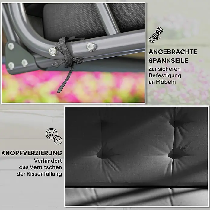 Outsunny Sitzauflage Hollywoodschaukel - Hollywoodschaukel, 1 Stk., L x B x H: 170 x 100 x 8 cm, Polyester, Schaumstoff, Dunkelgrau - Dunkelgraues getuftetes Kissen mit Knöpfen und schwarzen Spannseilen zur sicheren Möbelbefestigung.