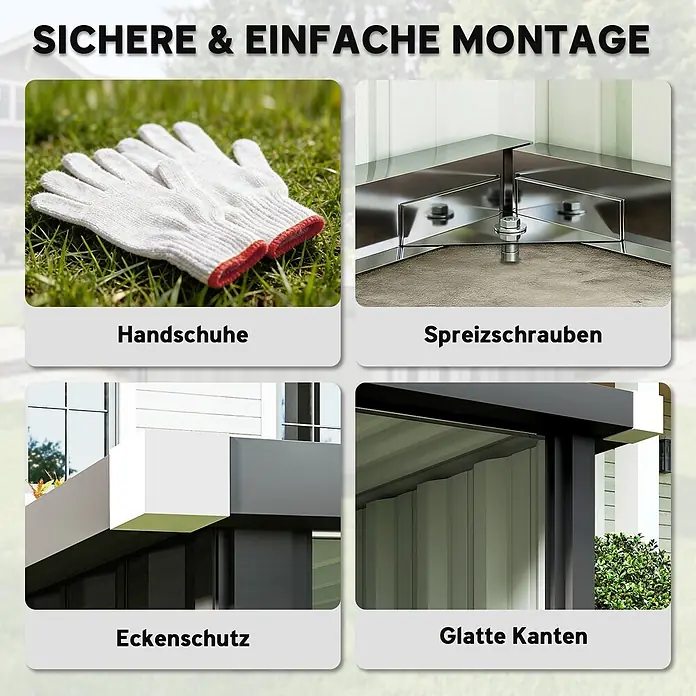 Outsunny Mähroboter-Garage - Dunkelgrau, Rasenmähroboter - Komponenten für sichere & einfache Montage: Arbeitshandschuhe, Spreizschrauben, Eckenschutz & glatte Kanten.