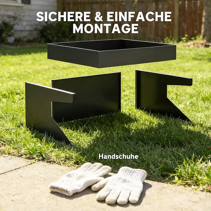 Outsunny Mähroboter-Garage - Schwarz, Rasenmähroboter - Schwarze Metallkomponenten eines Hochbeets und Arbeitshandschuhe, bereit zur einfachen Montage.