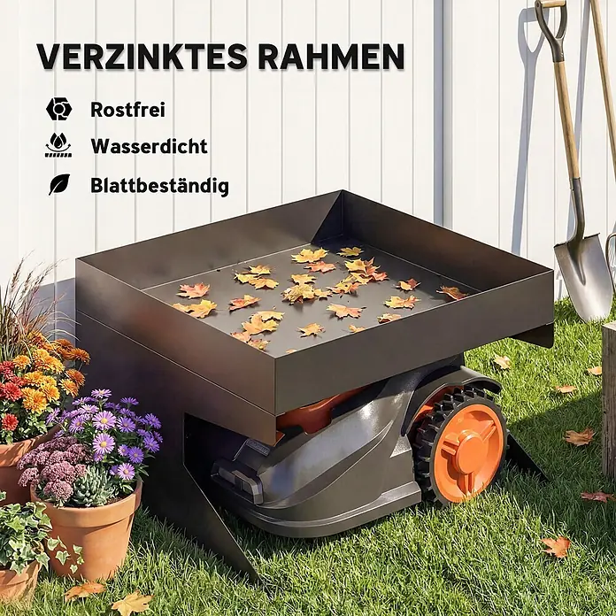 Outsunny Mähroboter-Garage - Schwarz, Rasenmähroboter - Dunkelgraue verzinkte Roboter-Rasenmäher-Garage mit Herbstblättern auf dem Dach, im Garten, rostfrei und wasserdicht.