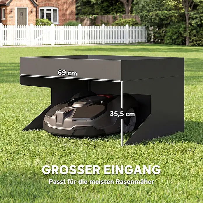 Outsunny Mähroboter-Garage - Schwarz, Rasenmähroboter - Dunkelgraue Mährobotergarage mit 69 cm breitem und 35,5 cm hohem Eingang, beherbergt einen Mäher auf dem Rasen.