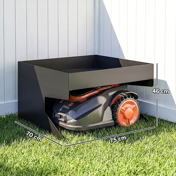 Outsunny Mähroboter-Garage - Schwarz, Rasenmähroboter - Schwarze Mährobotergarage aus Metall, mit Mähroboter, Maße 70 cm Tiefe, 75 cm Breite, 46 cm Höhe.