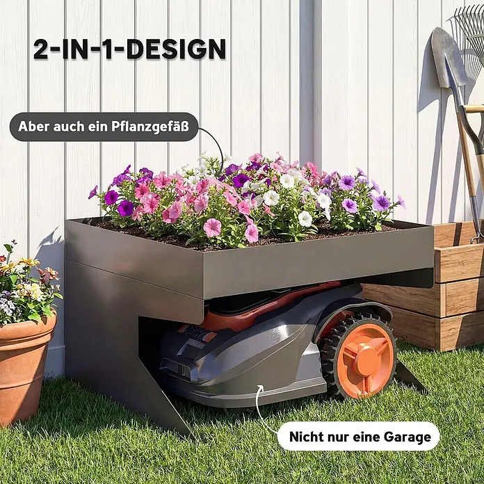 Outsunny Mähroboter-Garage - Schwarz, Rasenmähroboter - Dunkelgraue Metallgarage für Mähroboter mit integriertem Blumenkasten voller bunter Blüten. Ein praktisches 2-in-1 Gartendesign.