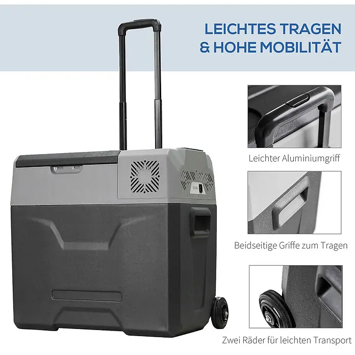 Homcom Garten-Aufbewahrungsbox - L x B x H: 58,6 x 37,8 x 54,5 cm - Graue und schwarze Kühlbox mit ausziehbarem Griff, seitlichen Tragegriffen und zwei Rädern für einfachen Transport.