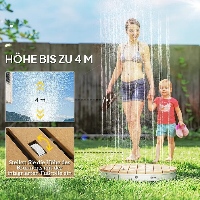 Outsunny Solardusche - Höhe: 7,5 cm, Aluminium, Naturholz - Eine Familie nutzt eine Außengartendusche mit Lattenrostplattform und Fußbedienung für bis zu 4m einstellbare Höhe.