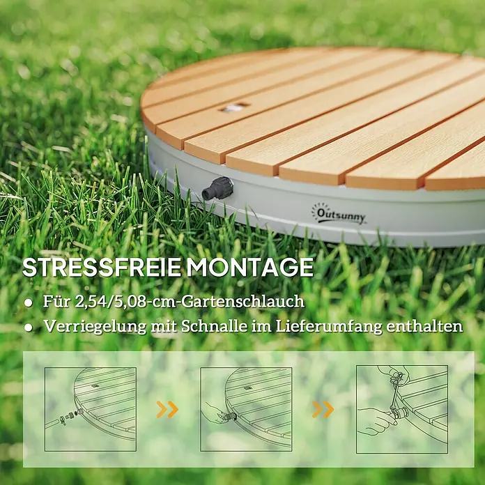 Outsunny Solardusche - Höhe: 7,5 cm, Aluminium, Naturholz - Rundes Gartenschlauch-Aufrollergehäuse mit Holzlatten und Schlauchanschluss auf Rasen, einfache Montage.
