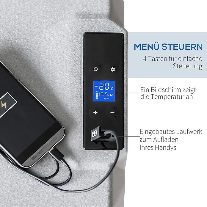 Homcom Garten-Aufbewahrungsbox - L x B x H: 58,6 x 37,8 x 54,5 cm - Bedienfeld eines grauen Kühlers mit blauem Display, das -20°C, 13.5V, ECO anzeigt. Mit Tasten und USB-Anschluss zum Laden eines Telefons.