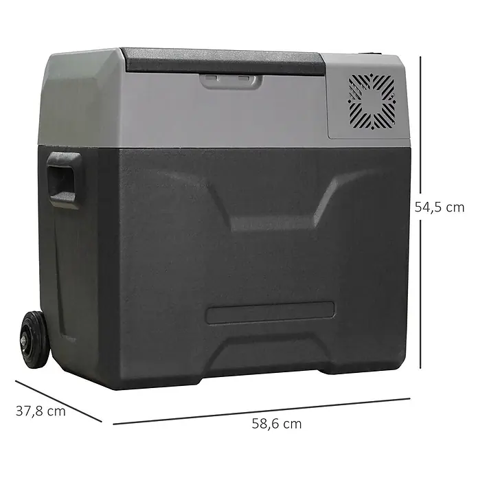 Homcom Garten-Aufbewahrungsbox - L x B x H: 58,6 x 37,8 x 54,5 cm - Schwarz-graue tragbare Kühlbox mit Rollen und Griffen. Maße 58,6x37,8x54,5 cm sind angegeben.
