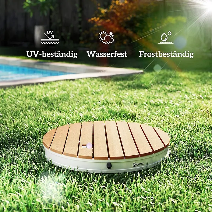 Outsunny Solardusche - Höhe: 7,5 cm, Aluminium, Naturholz - Runde, lamellierte Outdoor-Basis in Holzoptik mit weißem Rand, UV-, wasser- und frostbeständig.