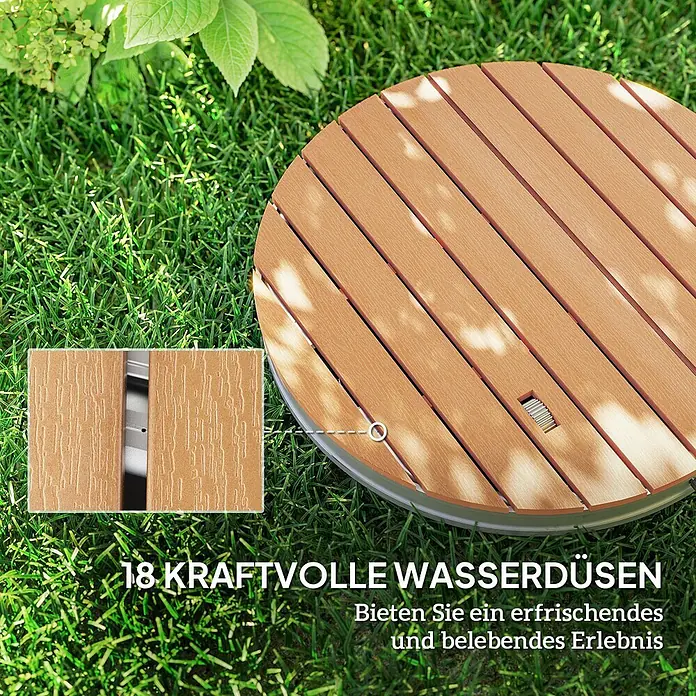 Outsunny Solardusche - Höhe: 7,5 cm, Aluminium, Naturholz - Rundes, lamelliertes braunes Outdoor-Wasserspiel mit 18 kräftigen Düsen. Detailansicht zeigt Holzverbundmaterial.