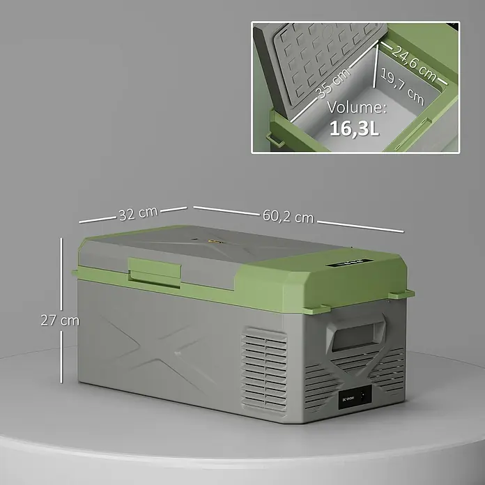 Outsunny Garten-Aufbewahrungsbox - L x B x H: 60,2 x 32 x 27 cm - Graue und grüne tragbare elektrische Kühlbox mit Maßen (L60.2xB32xH27cm) und 16.3L Volumen, betrieben mit DC 12V/24V.