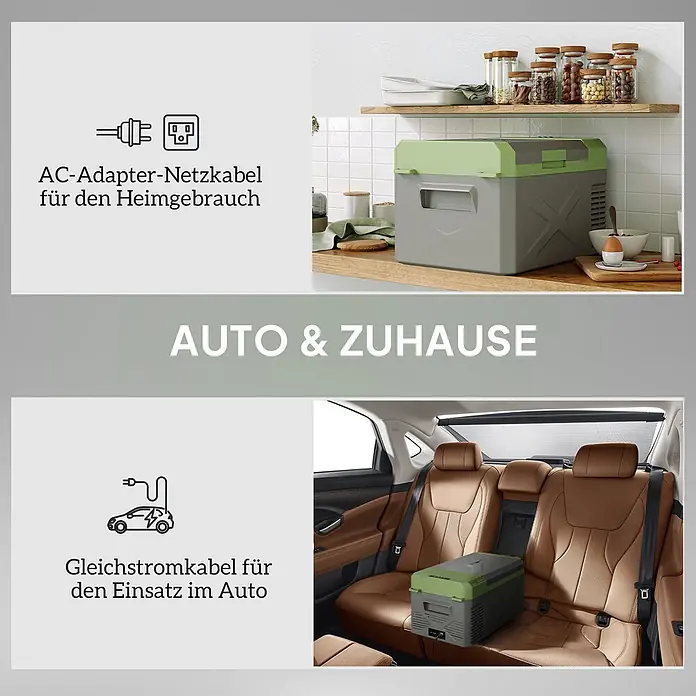 Outsunny Garten-Aufbewahrungsbox - L x B x H: 60,2 x 32 x 27 cm - Graue und grüne Kühlbox mit AC-Adapter für den Heimgebrauch in der Küche und DC-Kabel für den Einsatz im Auto gezeigt.
