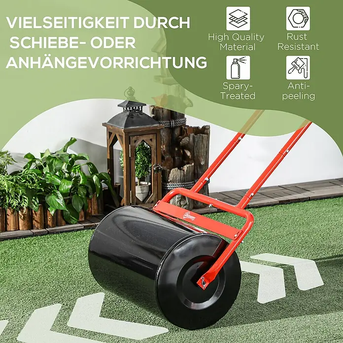 Outsunny Rasenwalze - Passend für: frisch gesäten Rasen und unebene Stellen, Arbeitsbreite: 50 cm, Rot - Schwarze Rasenwalze mit rotem Griff auf Kunstrasen, vielseitig als Schiebe- oder Anhängevorrichtung, rostbeständig und abblätterungsfrei.