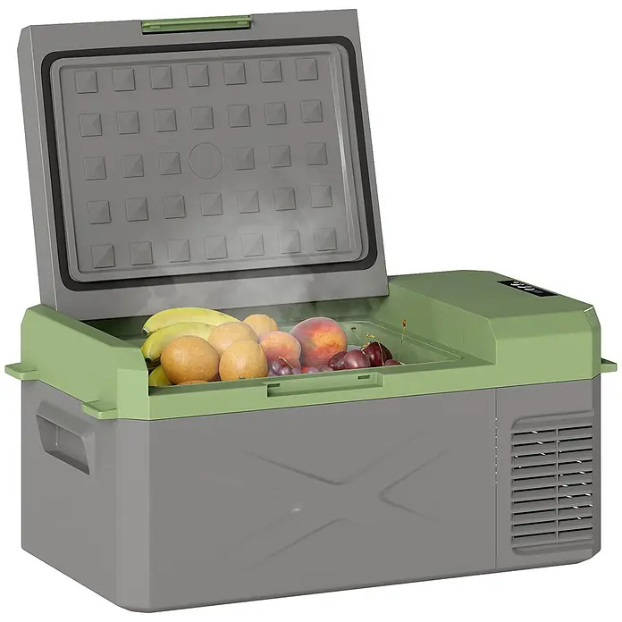 Outsunny Garten-Aufbewahrungsbox - L x B x H: 60,2 x 32 x 27 cm - Ein grauer und olivgrüner tragbarer Kühlschrank mit geöffnetem Deckel, der frisches Obst und kalten Nebel zeigt.