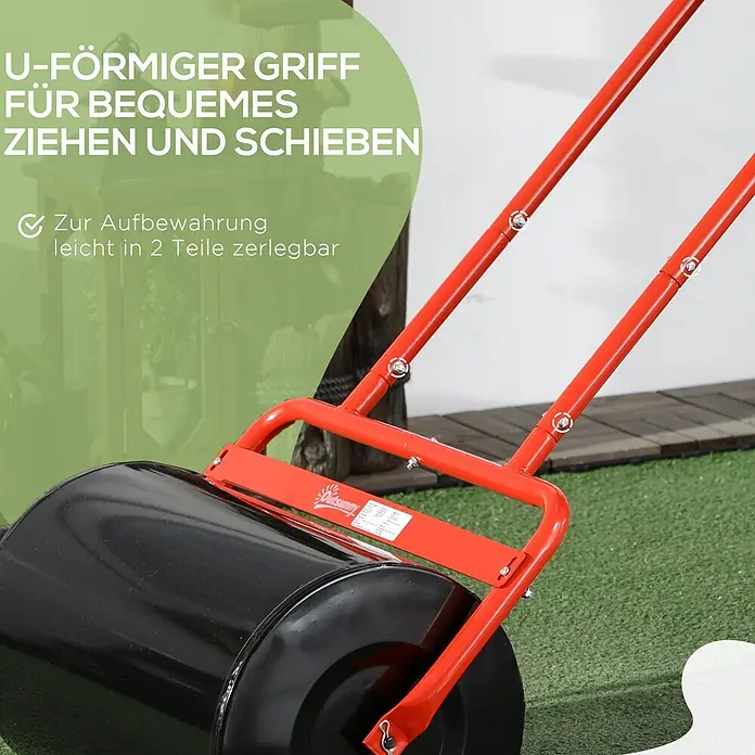 Outsunny Rasenwalze - Passend für: frisch gesäten Rasen und unebene Stellen, Arbeitsbreite: 50 cm, Rot - Rot-schwarze Gartenwalze mit U-Griff, leicht zerlegbar zur Aufbewahrung, auf Rasen.