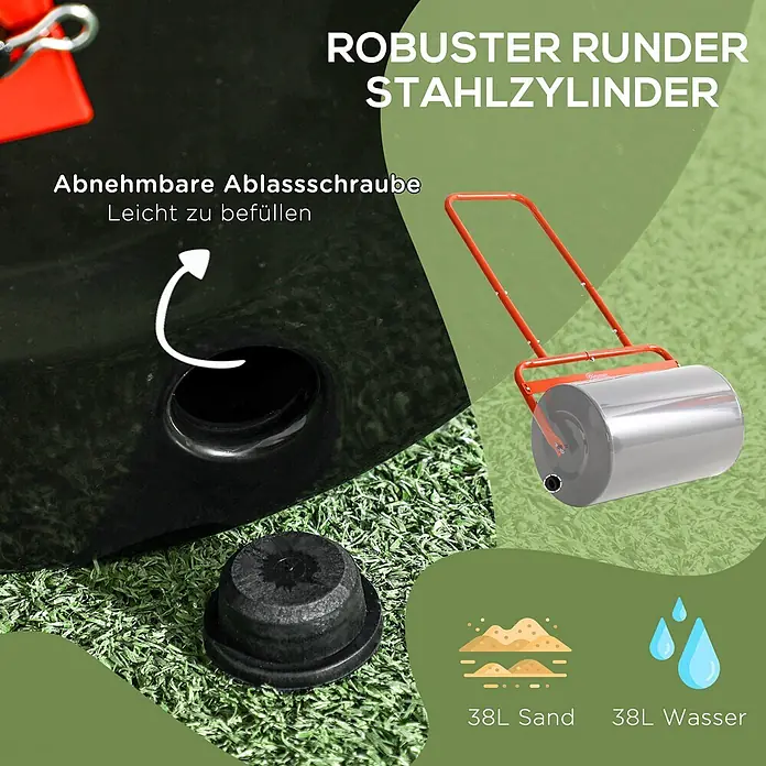 Outsunny Rasenwalze - Passend für: frisch gesäten Rasen und unebene Stellen, Arbeitsbreite: 50 cm, Rot - Stahl-Gartenwalze mit rotem Griff und abnehmbarer Ablassschraube, befüllbar mit 38L Sand oder Wasser.