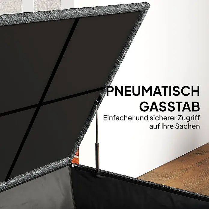 Outsunny Garten-Aufbewahrungsbox - L x B x H: 150 x 75 x 74 cm, Dunkelgrau, Stahl - Dunkelgraue Rattan-Aufbewahrungsbox mit offenem Deckel und Gasdruckfeder für einfachen Zugang.