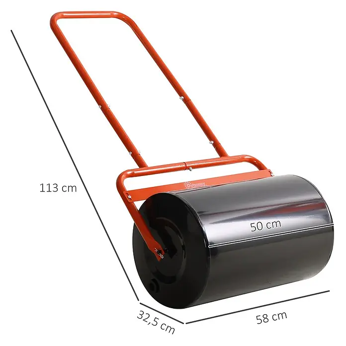 Outsunny Rasenwalze - Passend für: frisch gesäten Rasen und unebene Stellen, Arbeitsbreite: 50 cm, Rot - Schwarze Metall-Gartenwalze mit rotem Griff. Maße: 113 cm Länge, 50 cm Walzenbreite, 58 cm Gesamtbreite, 32,5 cm Durchmesser.