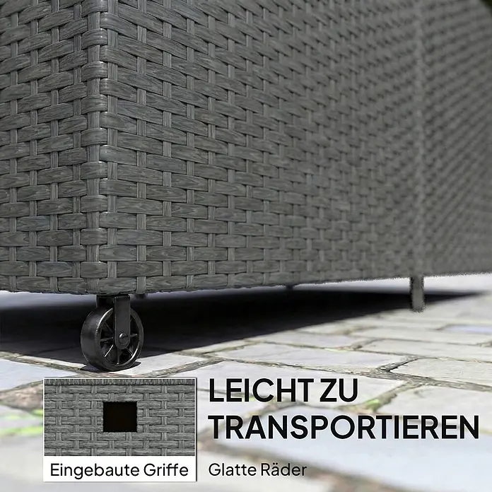 Outsunny Garten-Aufbewahrungsbox - L x B x H: 150 x 75 x 74 cm, Dunkelgrau, Stahl - Grauer Outdoor-Stauraum im Rattan-Look mit leichtgängigen Rollen und integrierten Griffen für einfachen Transport auf Pflastersteinen.