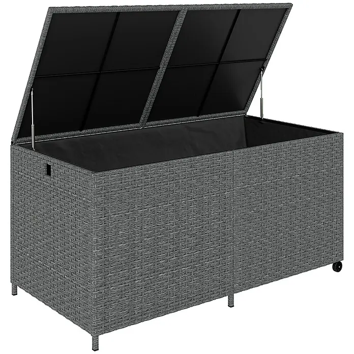 Outsunny Garten-Aufbewahrungsbox - L x B x H: 150 x 75 x 74 cm, Dunkelgrau, Stahl - Graue Rattan-Aufbewahrungsbox mit offenem Deckel, schwarzem Innenfutter, Gasdruckfedern, kleinen Füßen und Rollen.
