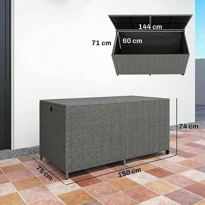 Outsunny Garten-Aufbewahrungsbox - L x B x H: 150 x 75 x 74 cm, Dunkelgrau, Stahl - Graue Gartenbox in Rattan-Optik mit aufklappbarem Deckel; Außenmaße 150x75x74 cm, Innenmaße 144x71x60 cm.
