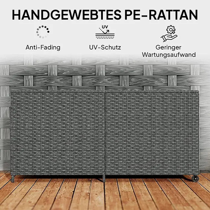 Outsunny Garten-Aufbewahrungsbox - L x B x H: 150 x 75 x 74 cm, Dunkelgrau, Stahl - Dunkelgraue handgewebte PE-Rattan-Aufbewahrungsbox auf Holzboden, mit Anti-Fading, UV-Schutz und geringem Wartungsaufwand.