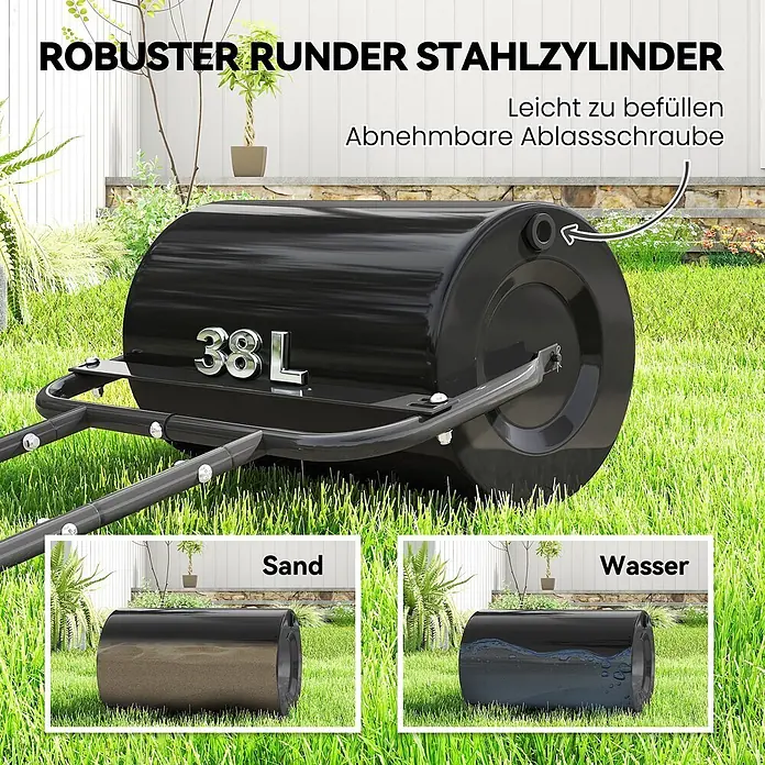 Outsunny Rasenwalze - Passend für: frisch gesäten Rasen und unebene Stellen, Arbeitsbreite: 50 cm, Schwarz - Schwarze 38-Liter-Stahl-Gartenwalze, mit Sand oder Wasser befüllbar, im Freien gezeigt.