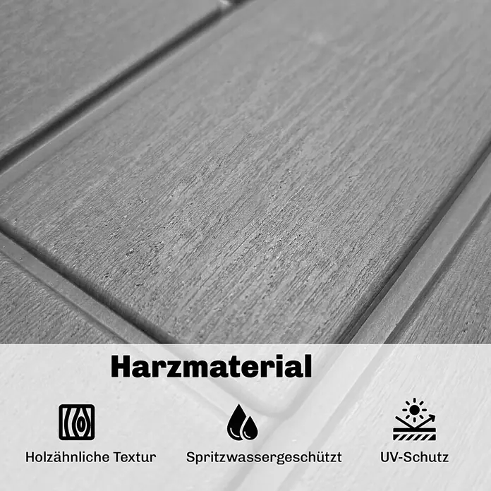 Outsunny Garten-Aufbewahrungsbox - L x B x H: 122,5 x 56 x 62 cm - Nahaufnahme von grauem Harzmaterial mit Holztextur, spritzwassergeschützt und UV-geschützt.