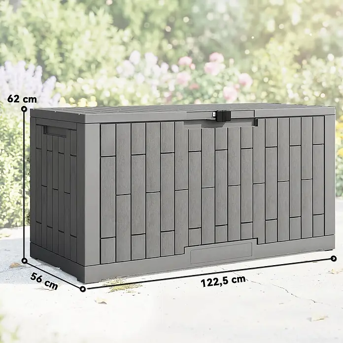 Outsunny Garten-Aufbewahrungsbox - L x B x H: 122,5 x 56 x 62 cm - Graue Outdoor-Aufbewahrungsbox in Holzoptik im Garten. Maße: H 62 cm, T 56 cm, B 122,5 cm.
