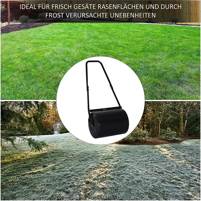 Outsunny Rasenwalze - Passend für: frisch gesäten Rasen und unebene Stellen, Arbeitsbreite: 57 cm, Schwarz - Schwarze Rasenwalze aus Metall im Einsatz auf frisch gesäten und frostigen Rasenflächen.