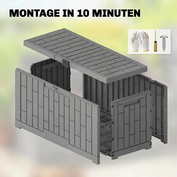 Outsunny Garten-Aufbewahrungsbox - L x B x H: 122,5 x 56 x 62 cm - Graue modulare Kunststoff-Aufbewahrungsbox im Aufbau, mit Klick-Paneelen und Montagewerkzeugen (Handschuhe, Schraubendreher, Schraube).