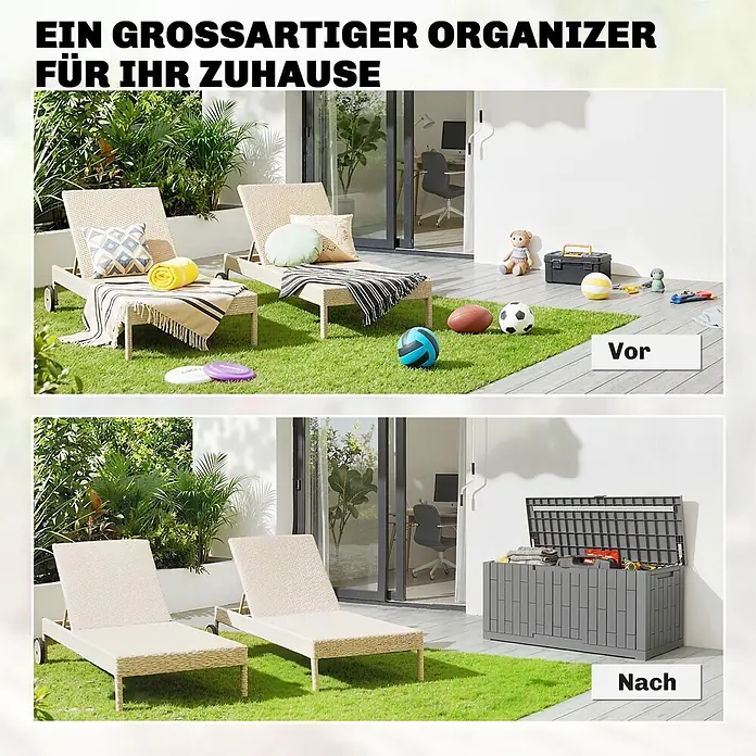 Outsunny Garten-Aufbewahrungsbox - L x B x H: 122,5 x 56 x 62 cm - Graue Outdoor-Aufbewahrungsbox mit Lamellenoptik, die Terrassenbereiche aufräumt und verschiedene Gegenstände organisiert.